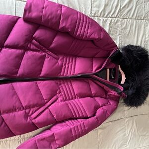 Women's Pink Puffer Jacket with Faux Fur Hood